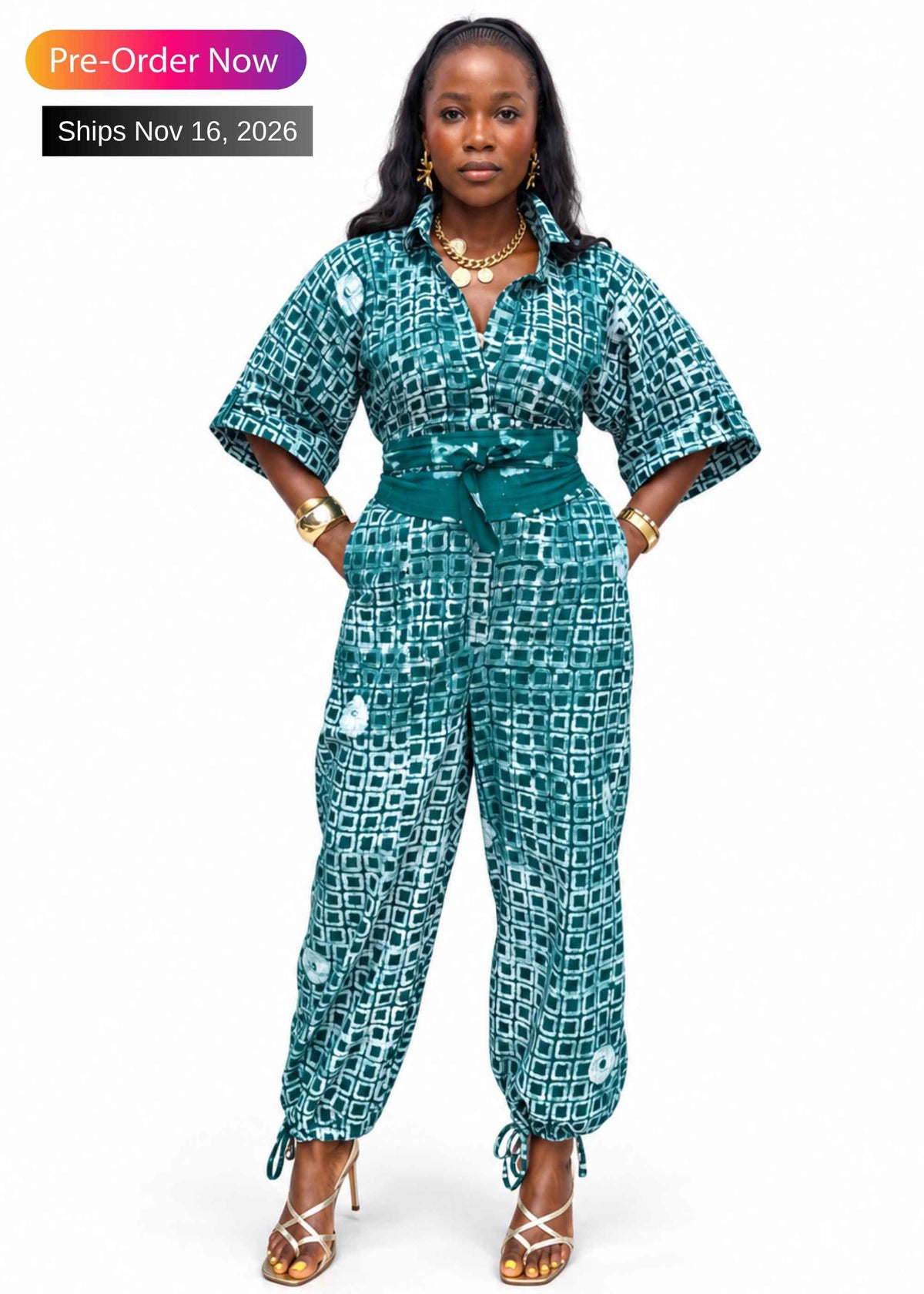 Woman wearing the Square-print hand-dyed batik jumpsuit with balloon legs – African print cotton jumpsuit by Zanaani